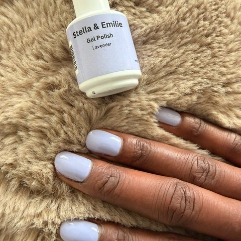 Stella & Emilie Gel Polish on in color Lavender with bottle close.